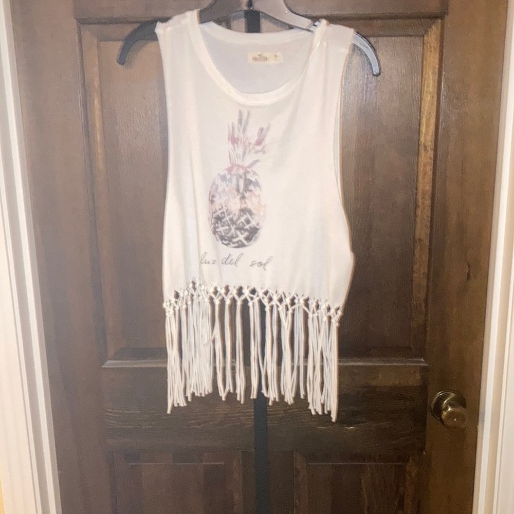 Hollister White Fringe Tank Top with Pineapple Design